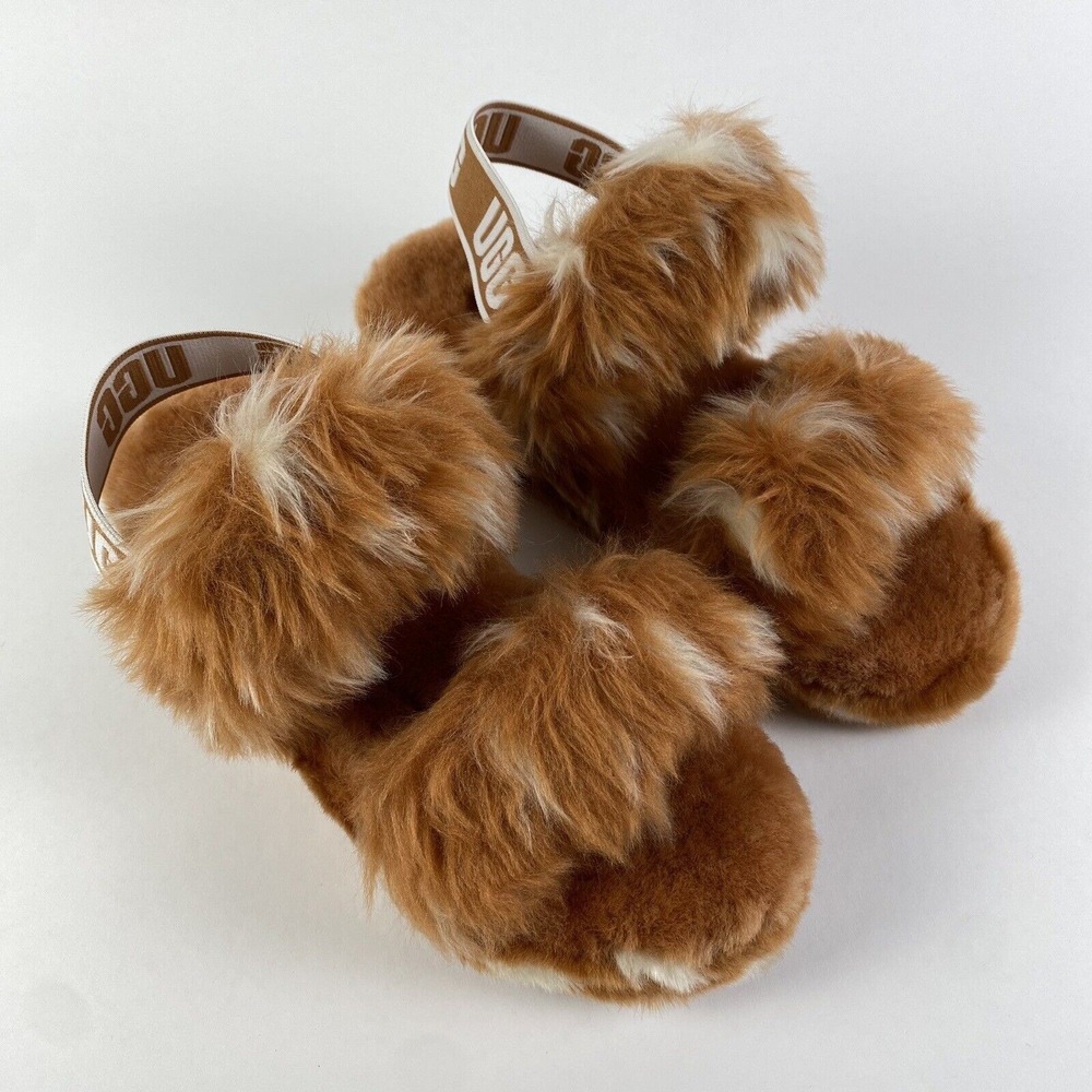 UGG Oh Yeah Fur Slides Natural Spots Womens Size 6 Brand New No Tags